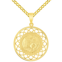 Load image into Gallery viewer, 14k Yellow Gold Religious Baptism Christening On Round Open Ornate Medal Pendant with Cuban Chain Curb Necklace
