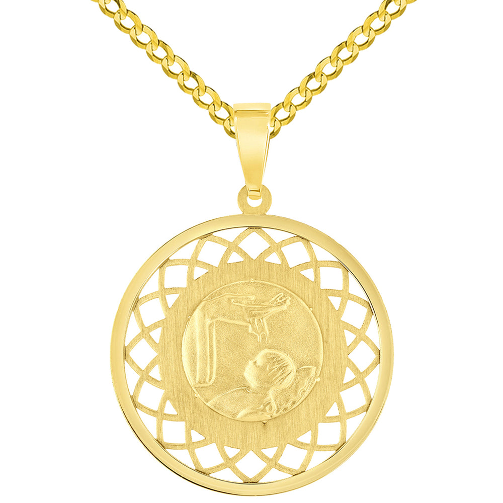 14k Yellow Gold Religious Baptism Christening On Round Open Ornate Medal Pendant with Cuban Chain Curb Necklace