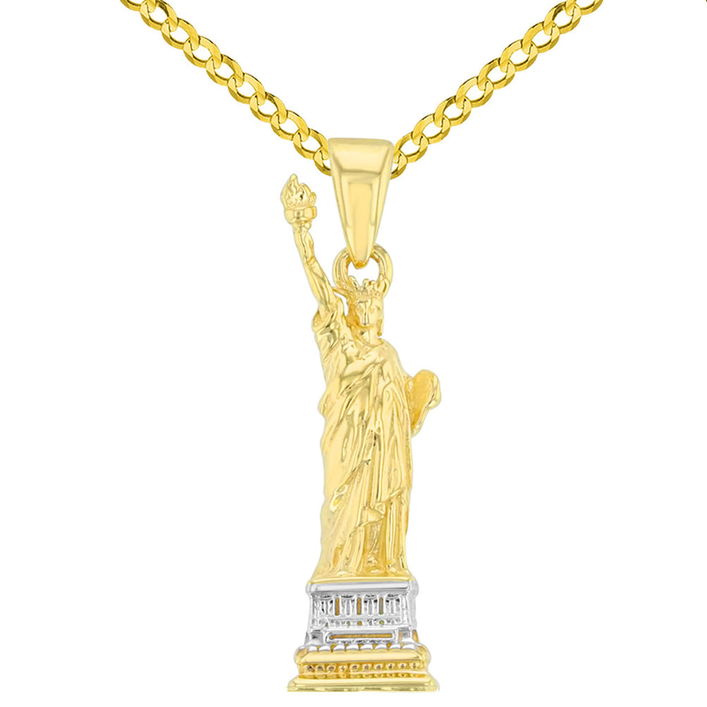 Solid 14K Yellow Gold Statue of Liberty Charm Pendant with Cuban Chain Necklace