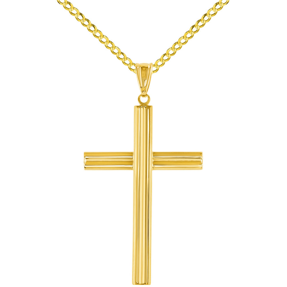 14K Yellow Gold Plain Religious Cross Pendant with Cuban Chain Necklace