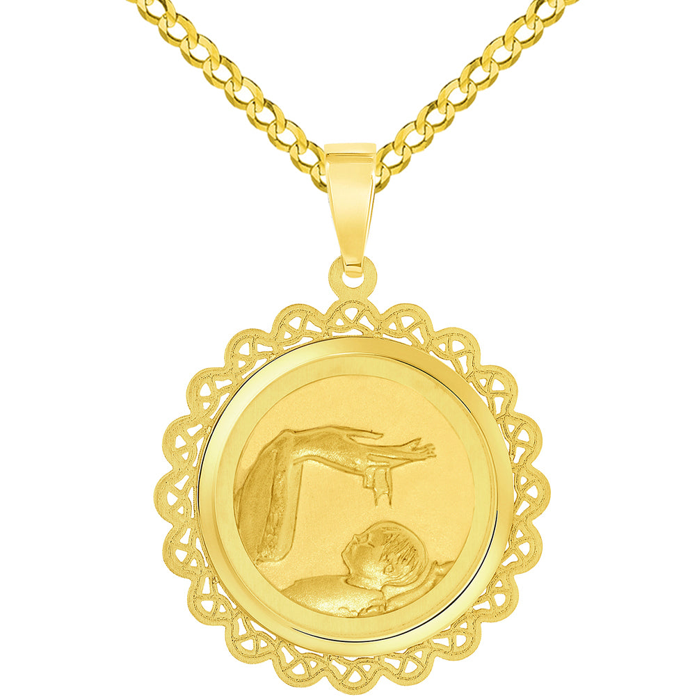 14k Yellow Gold Religious Baptism Christening On Round Ornate Medal Pendant with Cuban Chain Curb Necklace