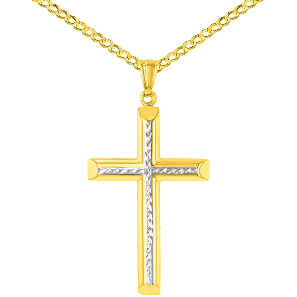 High Polished 14K Yellow Gold Textured Cross Pendant Necklace