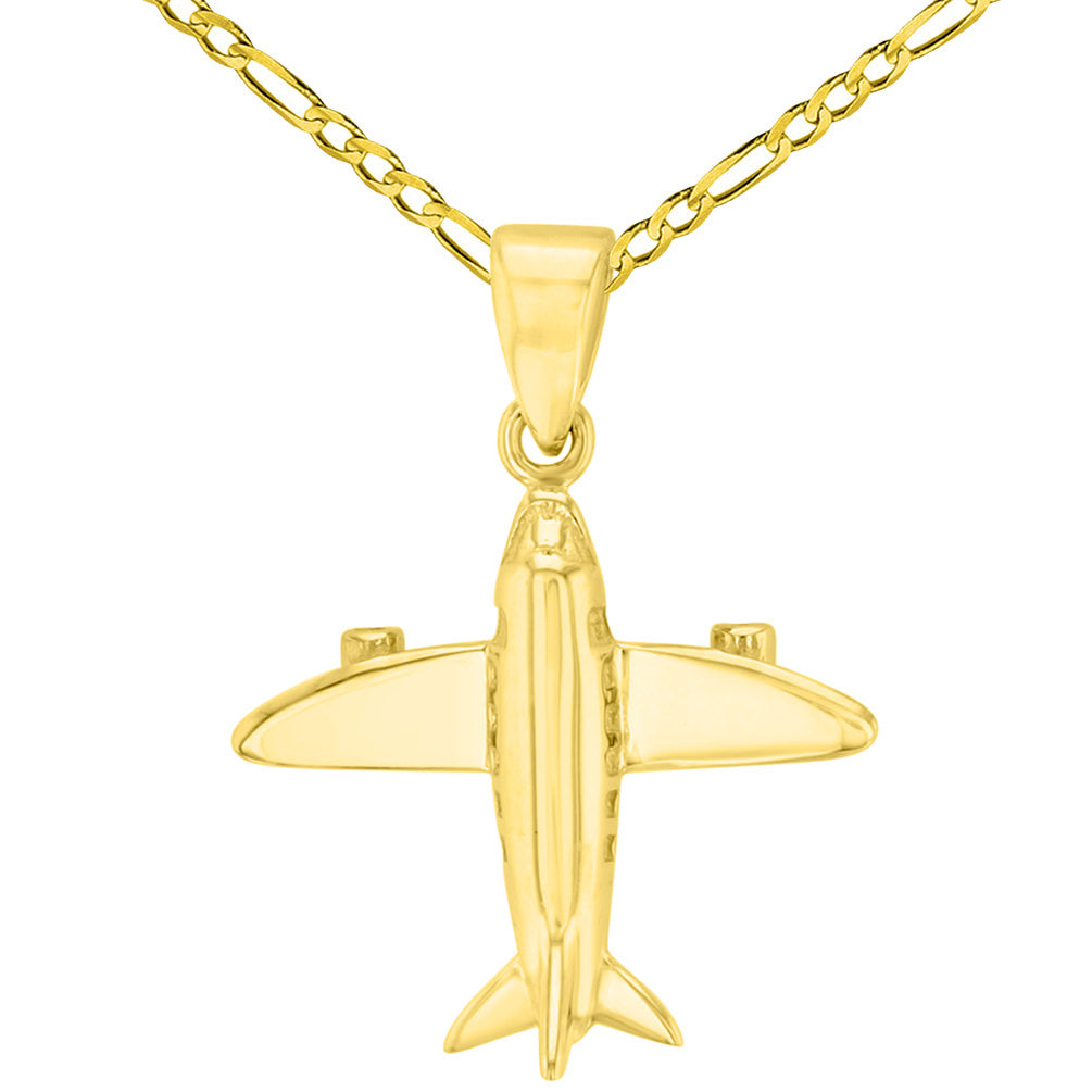 Gold 3D Airplane Jet Aircraft Pendant Figaro Necklace