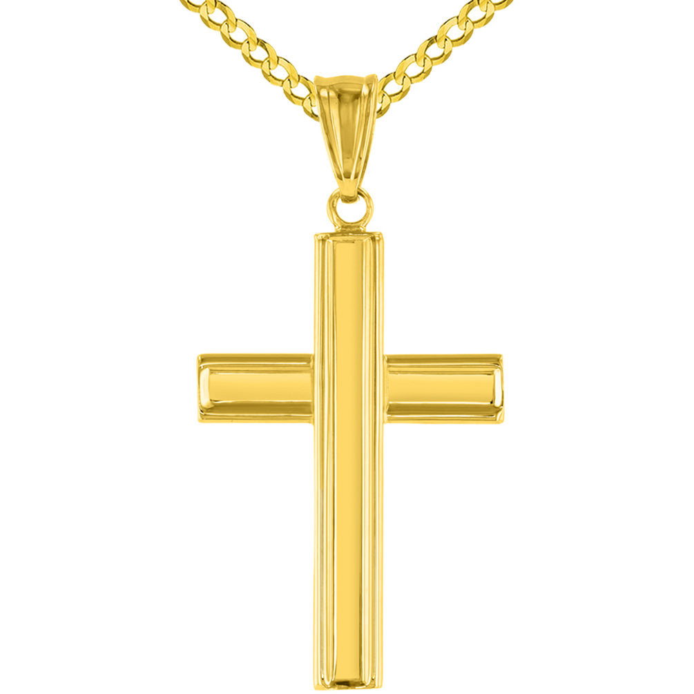 Polished 14K Yellow Gold Plain Religious Cross Pendant with Cuban Necklace