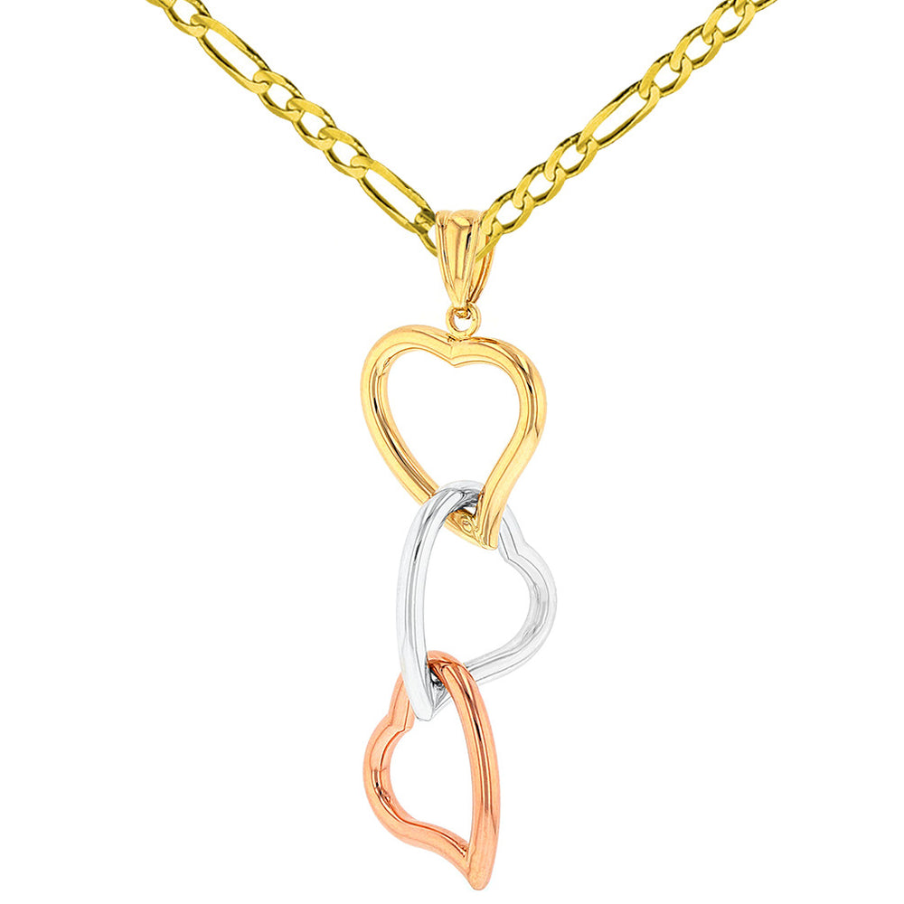 White & Rose Gold Dangling Hearts Pendant Figaro Necklace