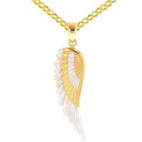 Load image into Gallery viewer, Solid 14k Yellow Gold Textured Angel Wing Charm Pendant with Cuban Curb Chain Necklace
