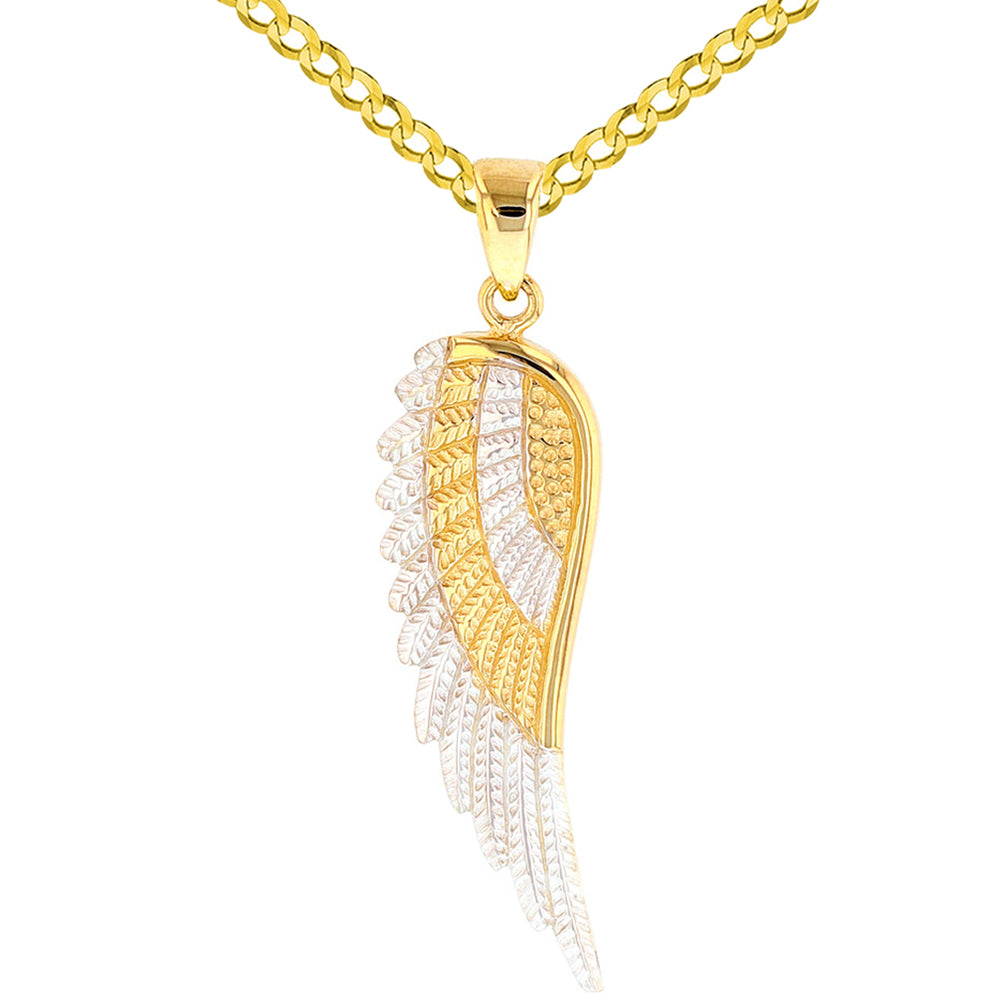 Solid 14k Yellow Gold Textured Angel Wing Charm Pendant with Cuban Curb Chain Necklace
