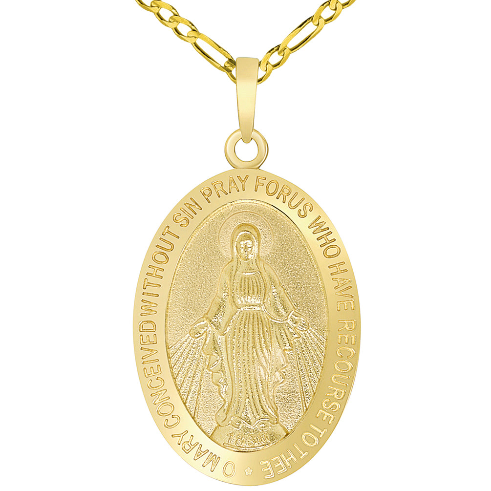 Solid 14k Yellow Gold Classic Miraculous Medallion of the Virgin Mary Pendant Necklace with Figaro Chain