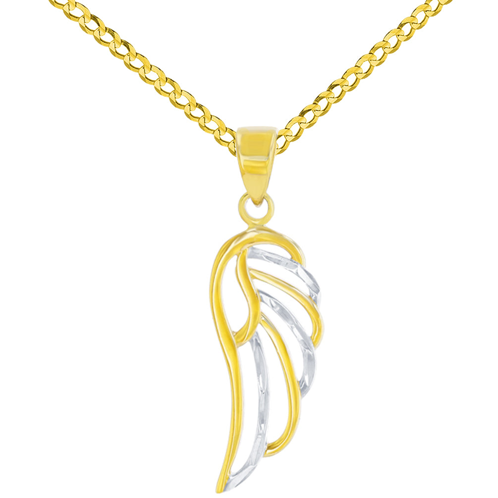 Solid 14k Yellow Gold Textured Angel Wing Charm Pendant Cuban Chain Necklace