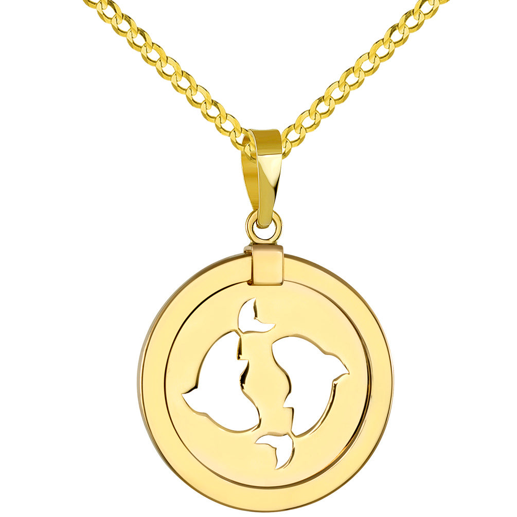 14K Yellow Gold Reversible Round Pisces Zodiac Sign Pendant with Cuban Chain Necklace