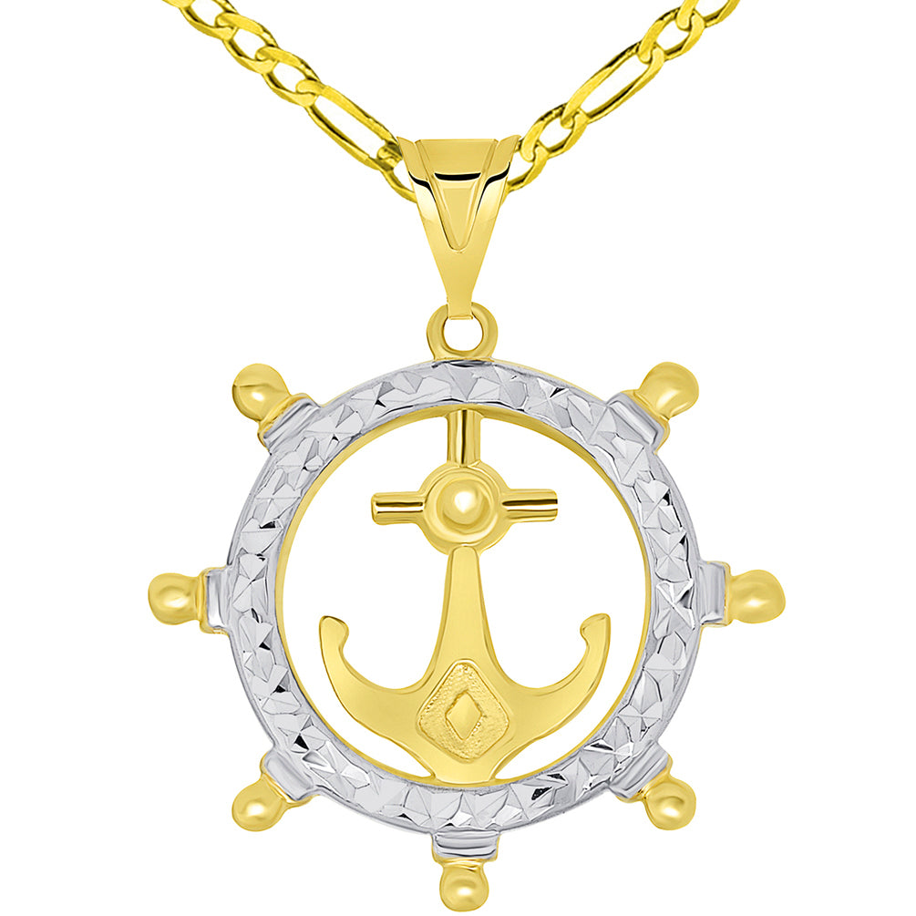 14k Gold Ships Wheel Pendant Necklace