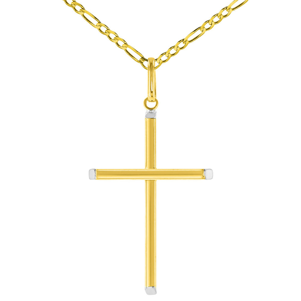 High Polish 14K Two-Tone Gold Plain Slender Cross Pendant with Chain Necklace, 20"