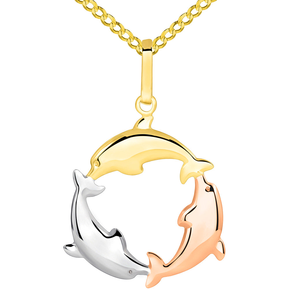 14k Tri Color Gold 3D Three Dolphins Jumping Around Circle Pendant Cuban Necklace