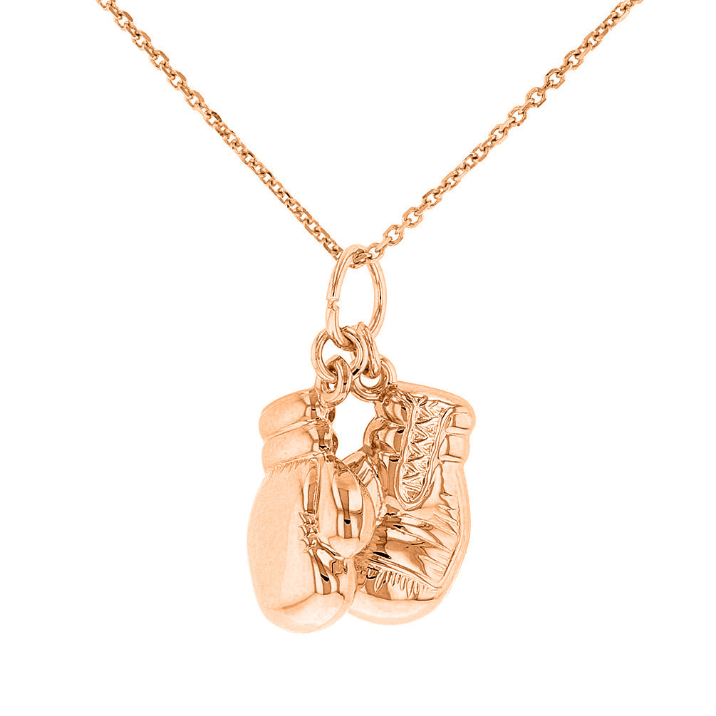 High Polish 14k Rose Gold 3D Boxing Gloves Charm Sports Pendant Necklace