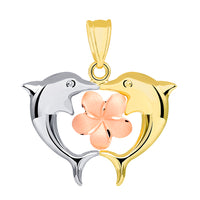 Load image into Gallery viewer, 14k Tri Color Gold Kissing Dolphins with Hawaiian Plumeria Flower Pendant
