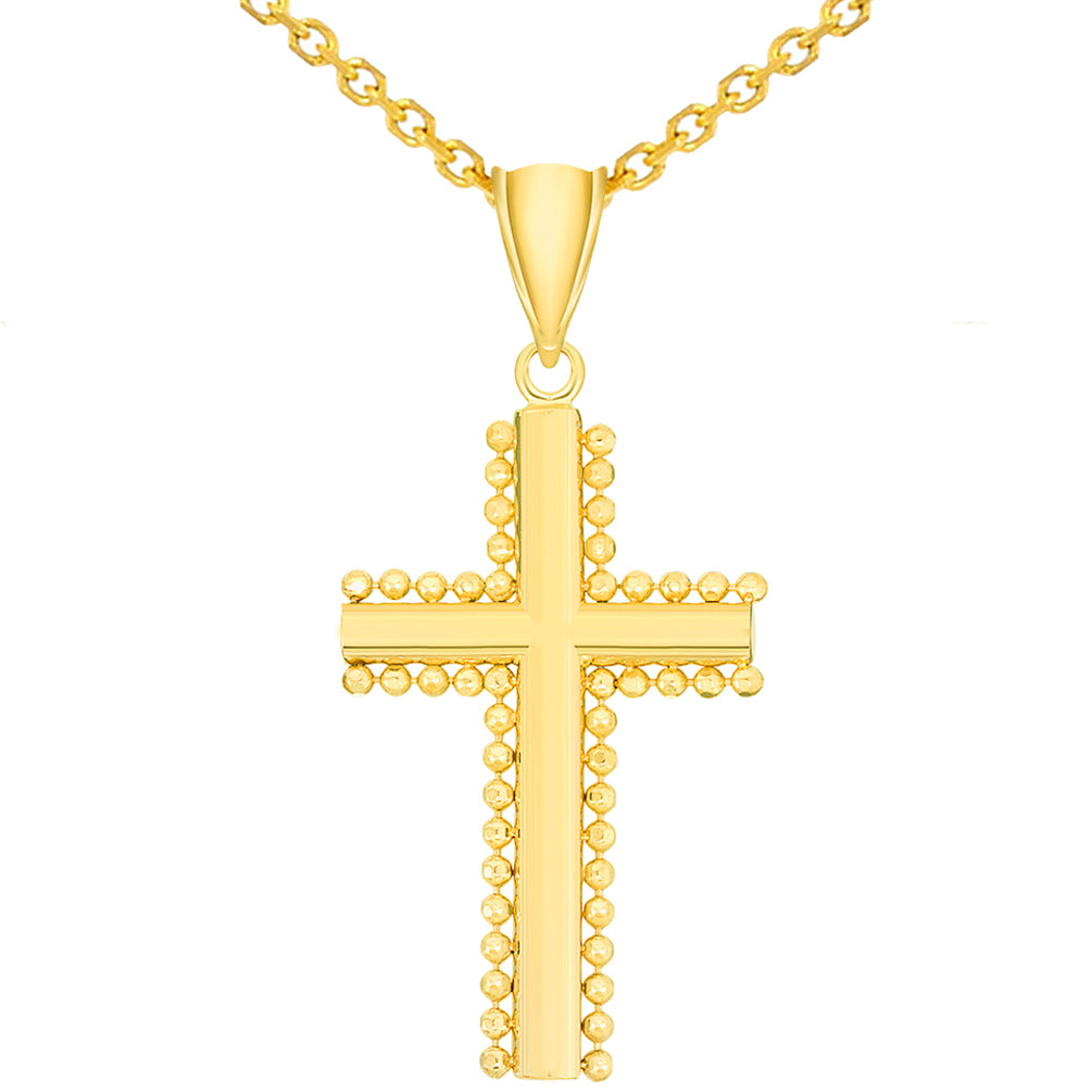 Solid 14k Yellow Gold Beaded Edged Plain Religious Cross Pendant Necklace with Cable Chain Necklace