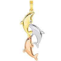 Load image into Gallery viewer, 14k Tri Color Gold 3D Three Dangling Dolphins Jumping Vertical Pendant Curb Chain Necklace
