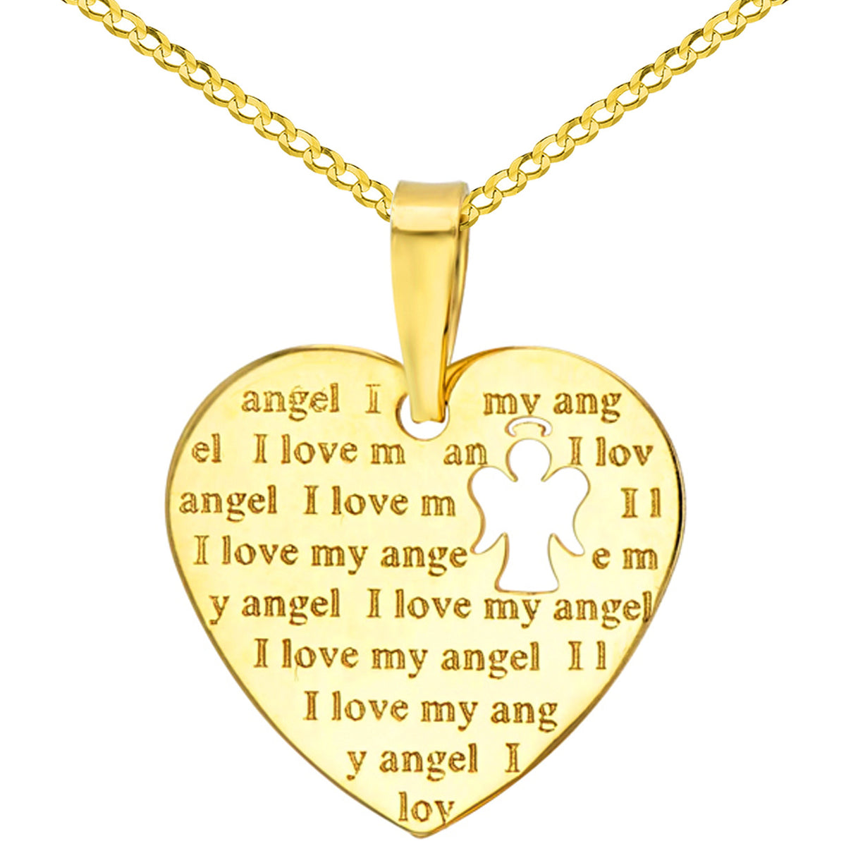14K Yellow Gold Heart Charm with I Love My Angel Script Pendant Cuban Chain Necklace