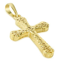 Load image into Gallery viewer, 14k Yellow Gold Textured Rounded Edge 3-D Religious Cross Pendant with Rolo, Curb, or Figaro Chain Necklace
