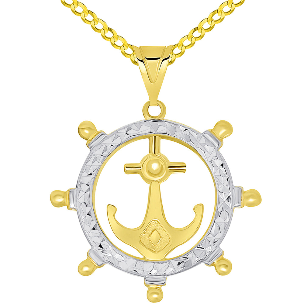 Yellow Gold Ships Wheel Pendant Necklace