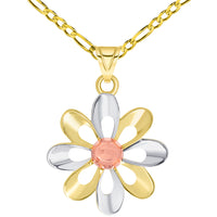 Load image into Gallery viewer, Gold Daisy Charm Necklace With Rolo Chain, Curb Chain &amp; Figaro Chain
