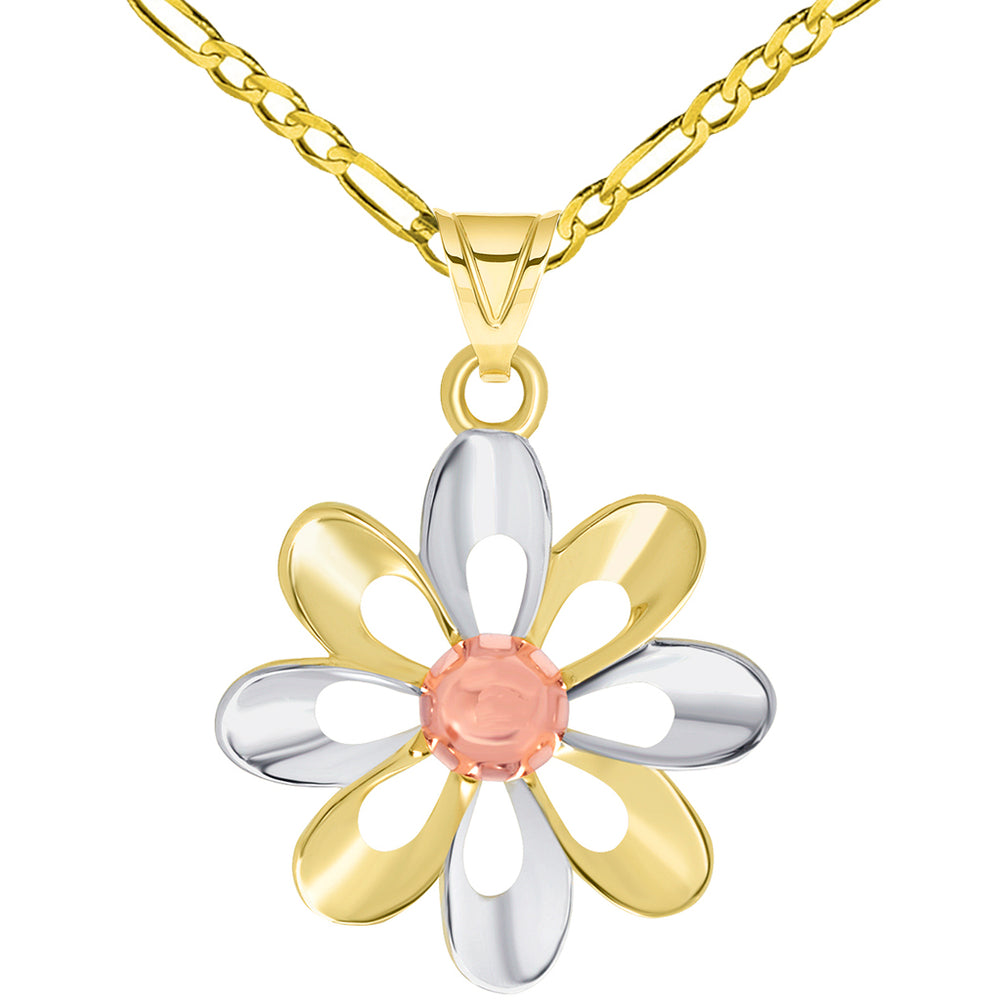 Gold Daisy Charm Necklace With Rolo Chain, Curb Chain & Figaro Chain