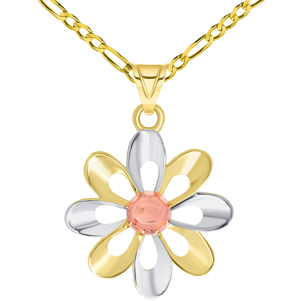 Gold Daisy Charm Necklace With Rolo Chain, Curb Chain & Figaro Chain