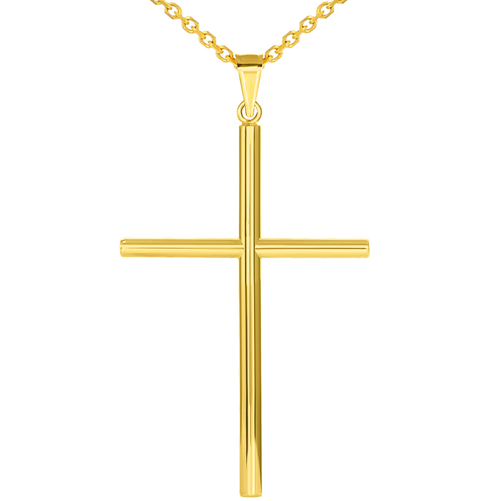 14k Yellow Gold Round Tubular Religious Plain Cross Pendant Necklace (2.25")