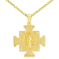 Load image into Gallery viewer, Solid 14K Yellow Gold Saint Benedict Cross Charm Pendant Figaro Chain Necklace
