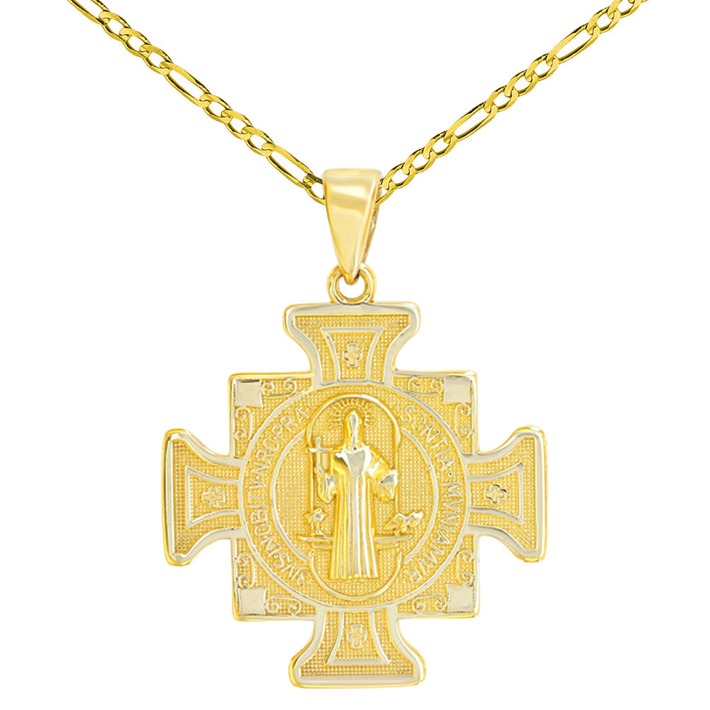 Solid 14K Yellow Gold Saint Benedict Cross Charm Pendant Figaro Chain Necklace