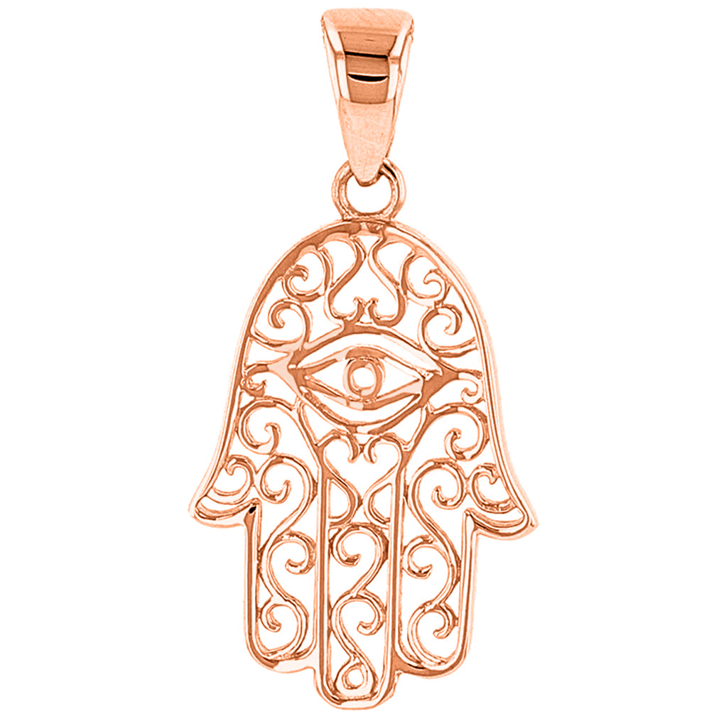 14K Rose Gold Filigree Hamsa Hand of Fatima with Evil Eye Charm