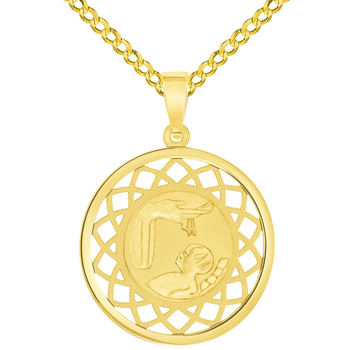 14k Yellow Gold Religious Baptism Christening On Round Open Ornate Medal Pendant with Cuban Chain Curb Necklace