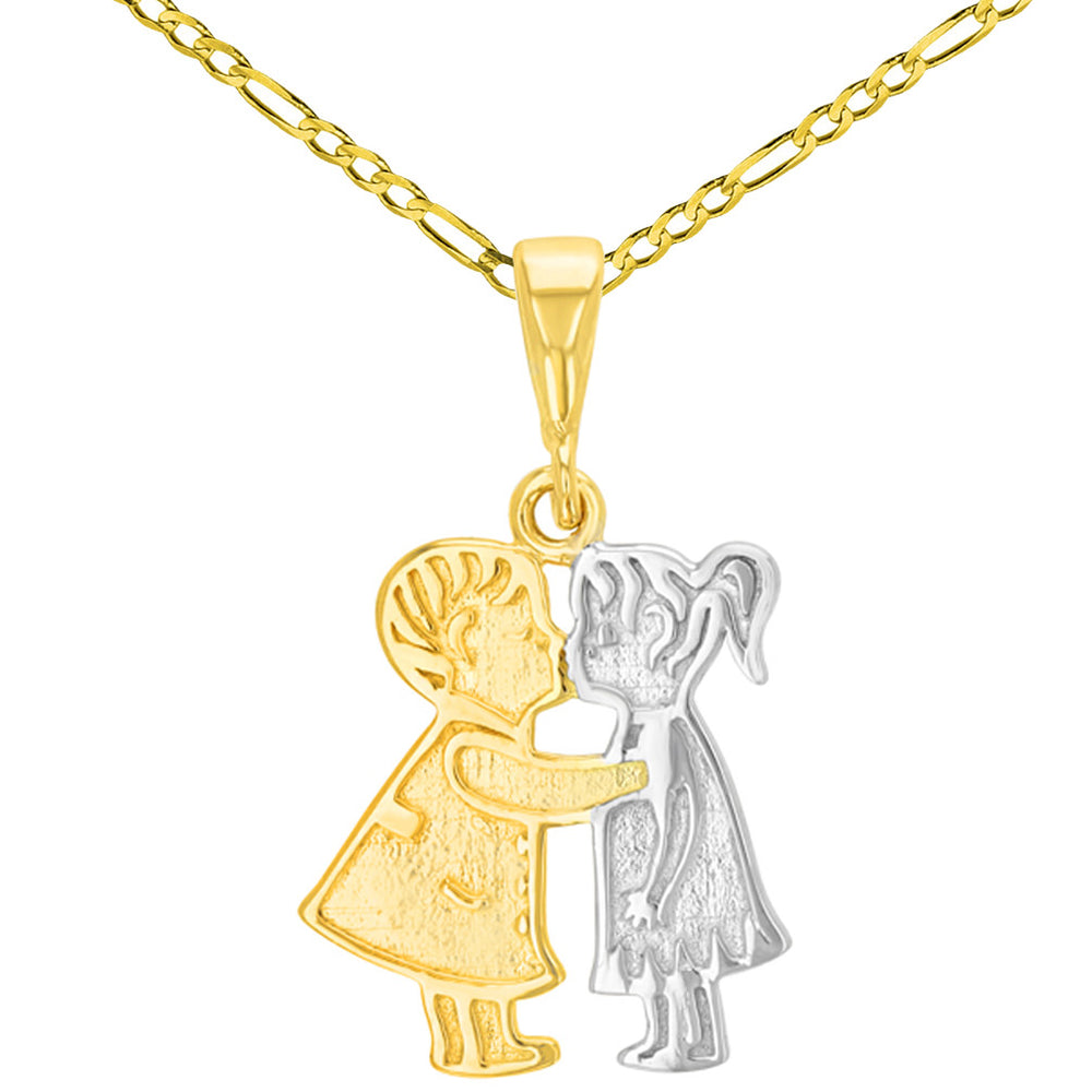 14K Yellow Gold Boy and Girl Kissing Charm Pendant with Figaro Chain Necklace