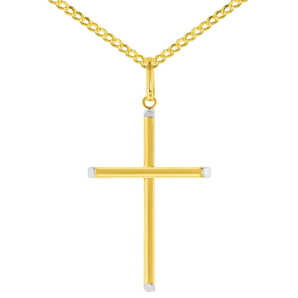 High Polish 14K Two-Tone Gold Plain Slender Cross Pendant with Chain Necklace
