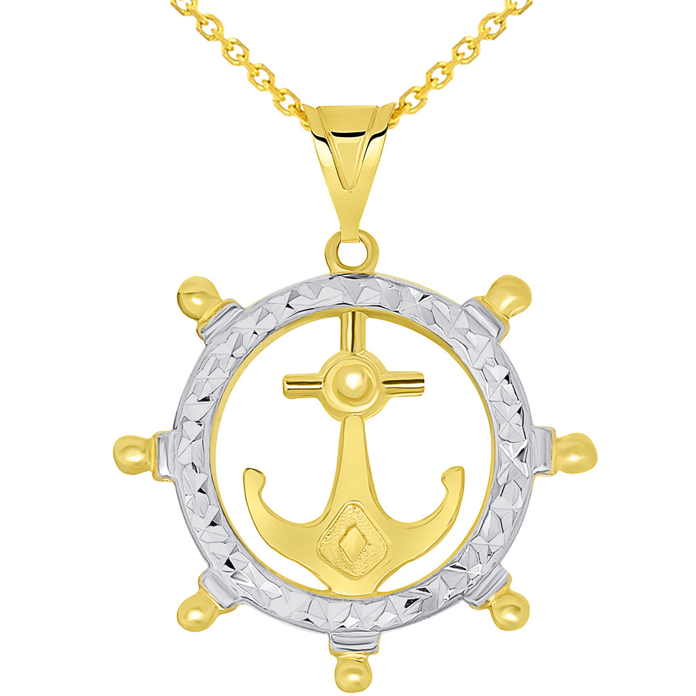 14k Gold Ships Wheel Pendant & Necklace