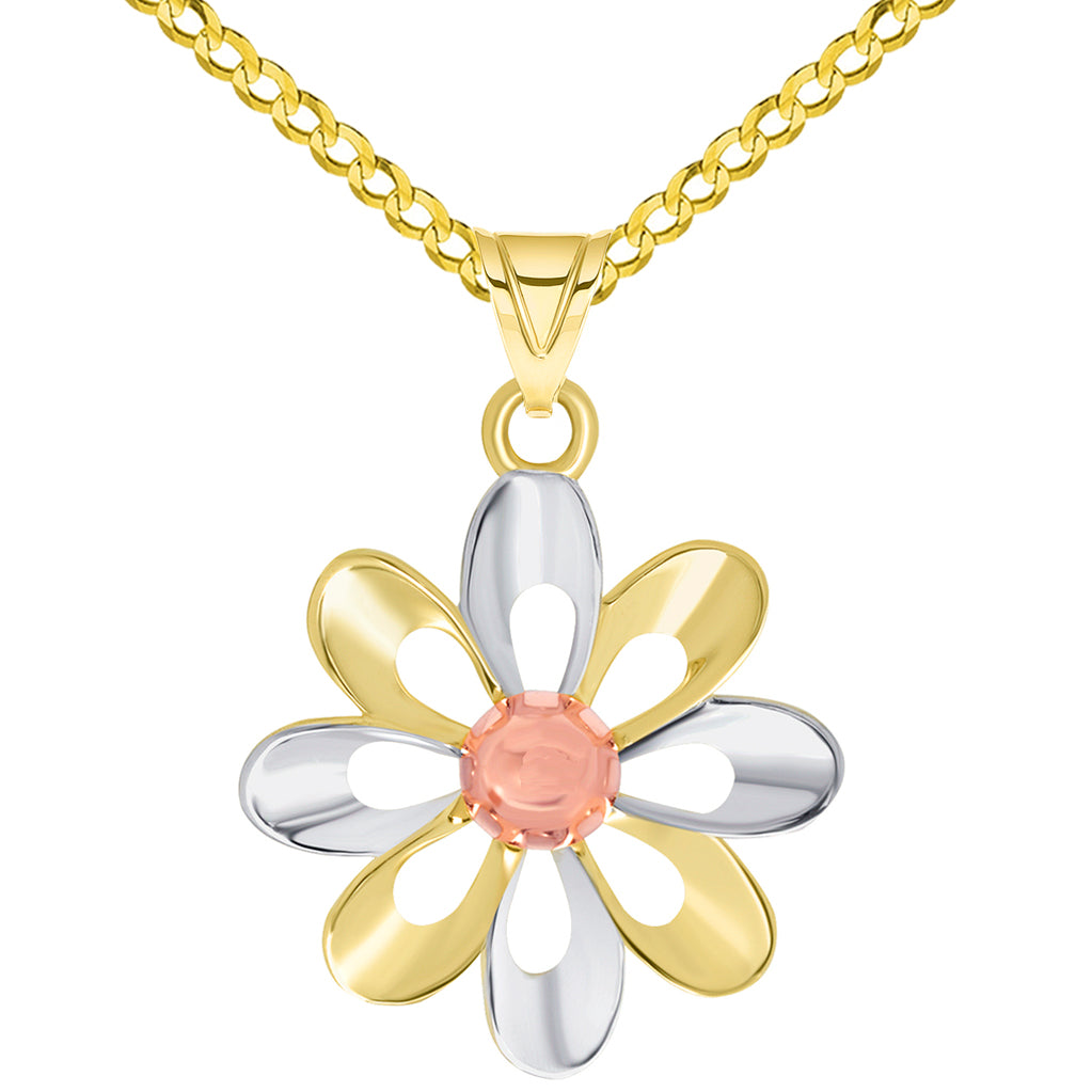Polish Daisy Charm Necklace With Rolo Chain, Curb Chain & Figaro Chain