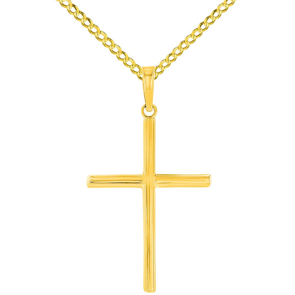 High Polished 14K Yellow Gold Plain Slender 3D Cross Pendant with Chain Necklace