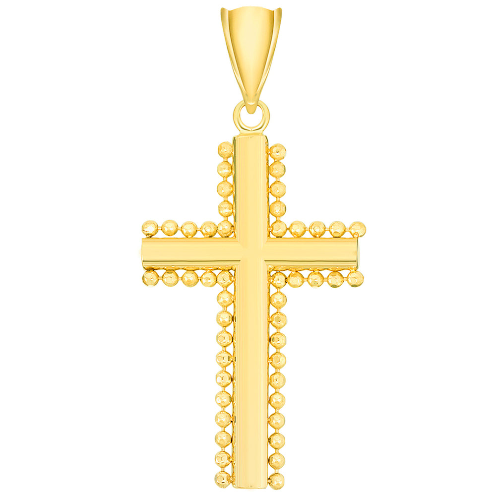 Solid 14k Yellow Gold Beaded Edged Plain Religious Cross Pendant