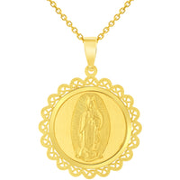 Load image into Gallery viewer, 14k Yellow Gold Round Ornate Miraculous Medal of Our Lady of Guadalupe Pendant Necklace
