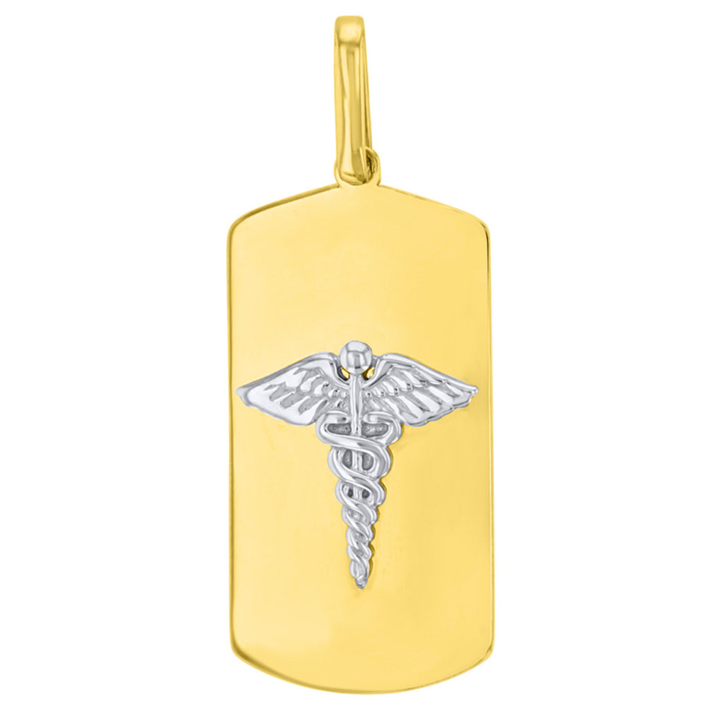 Solid 14K Two Tone Gold Caduceus Charm Medical Symbol Pendant with Figaro Chain Necklace
