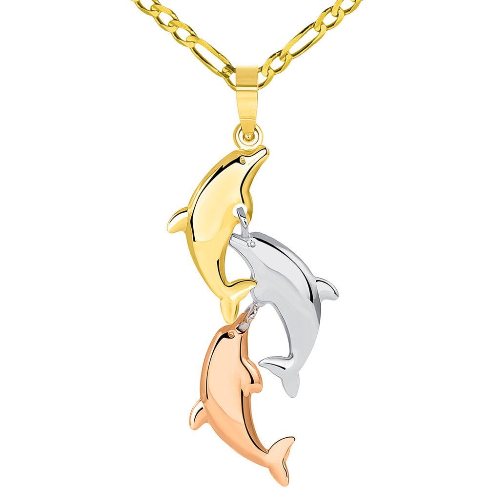 3D Three Dangling Dolphins Pendant Figaro Necklace