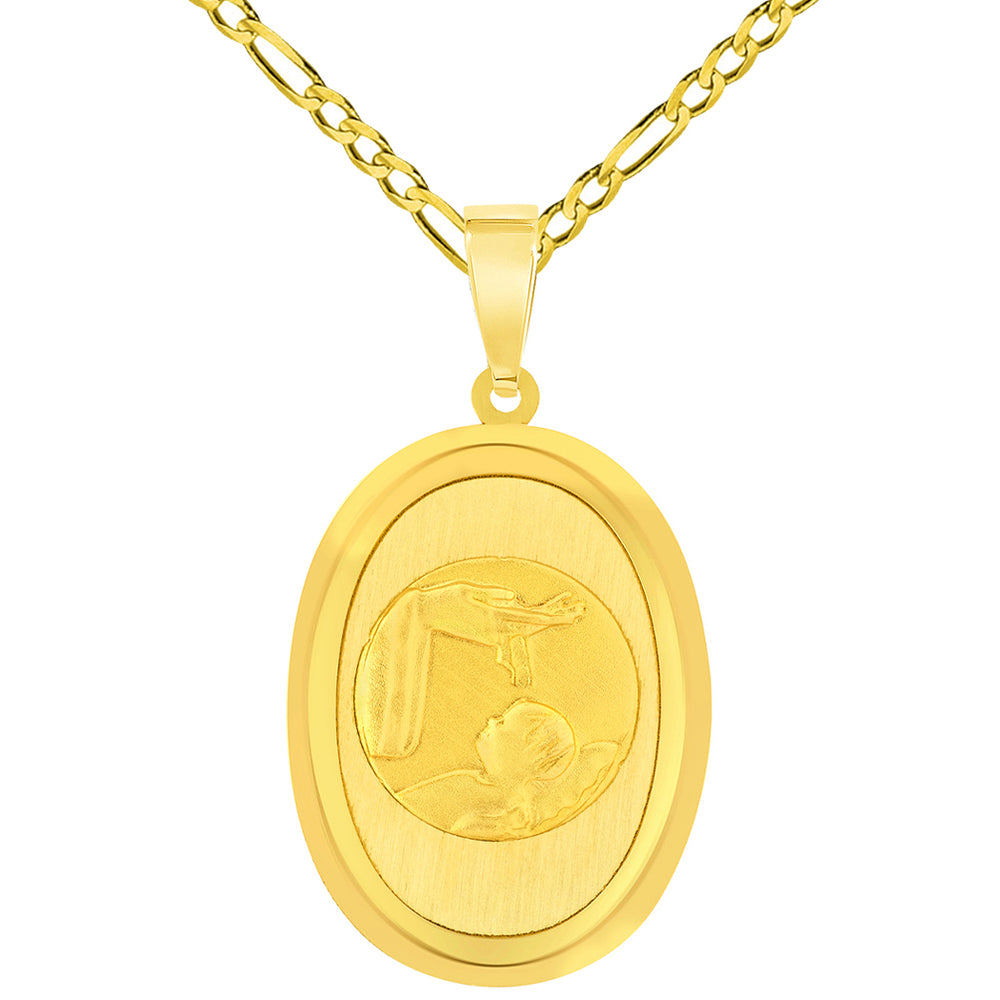 14k Yellow Gold Religious Baptism Christening Oval Medal Pendant with Figaro Chain Necklace