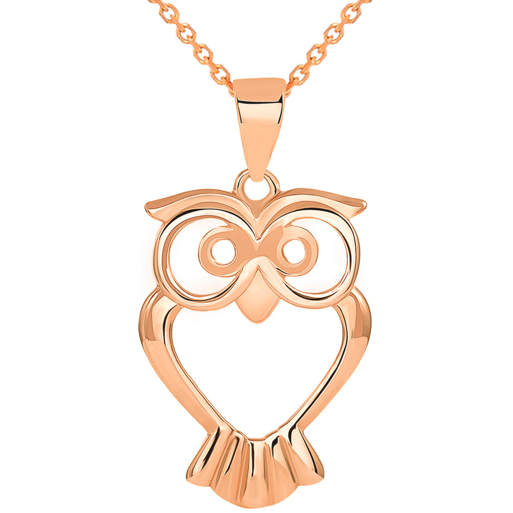 Solid 14k Rose Gold Open Big Eyes Owl Animal Pendant Necklace