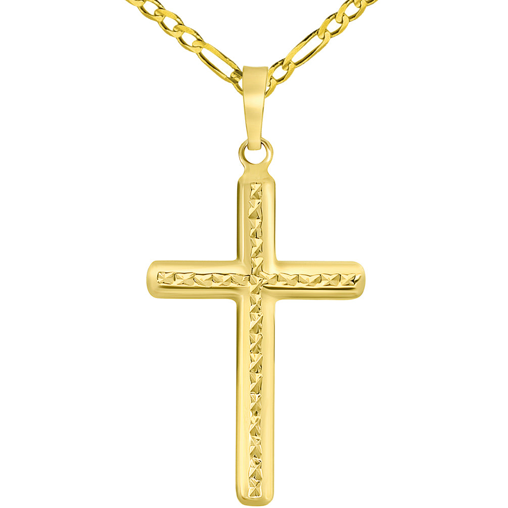 14k Yellow Gold Textured Religious Classic Cross Pendant Necklace Available with Figaro Chain