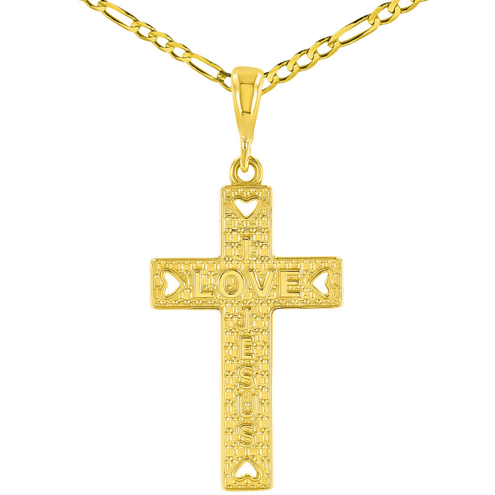 14K Yellow Gold I Love Jesus Cross Charm Pendant Figaro Chain Necklace