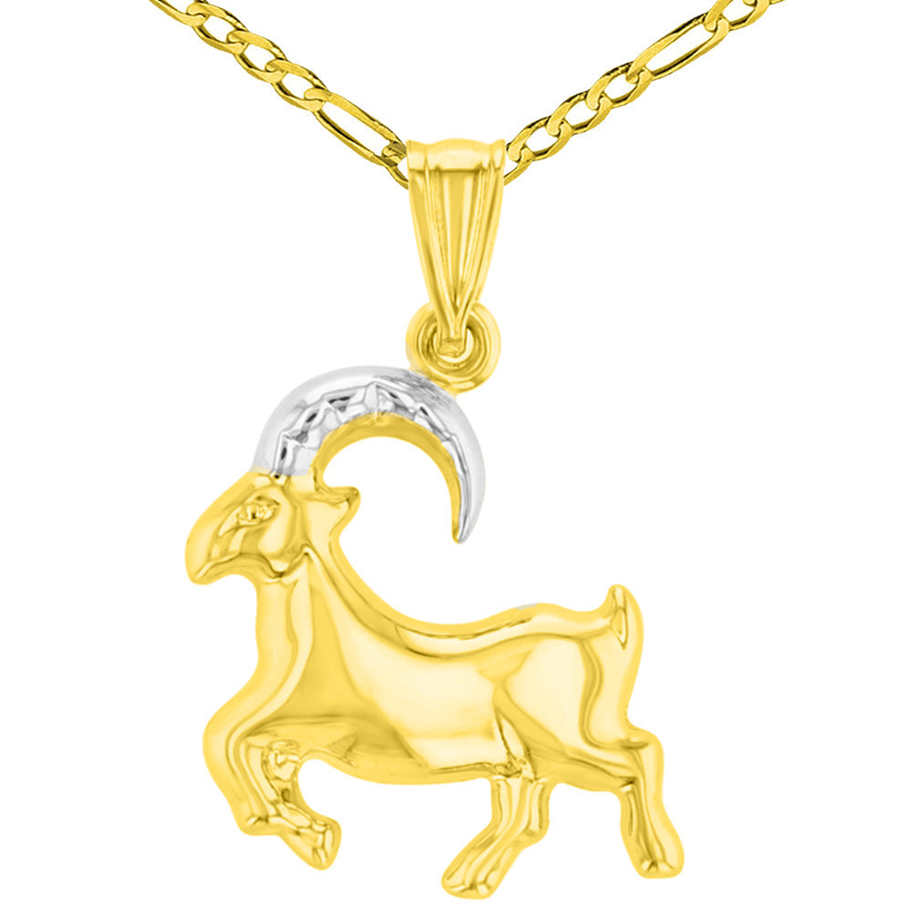 High Polish 14K Yellow Gold Capricorn Zodiac Sign Charm Pendant Figaro Chain Necklace