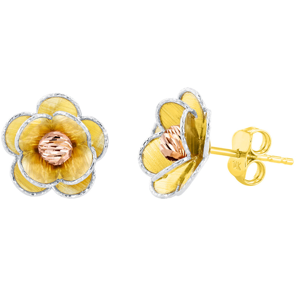 14K Tri Color Gold Textured Blooming Flower Stud Floral Earrings, 12.5mm
