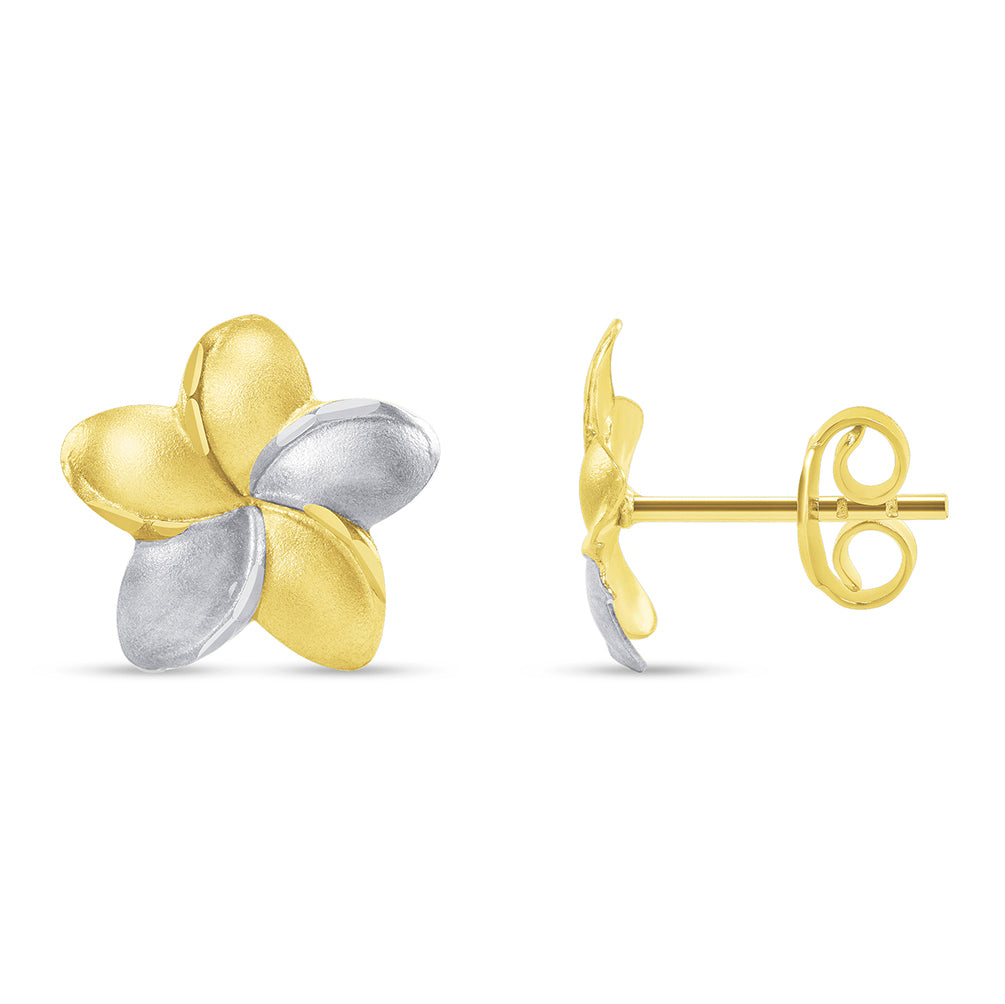 14k Yellow Gold Hawaiian Flower Plumeria Stud Two-Tone Earrings with Screw Back, 10.5mm x 10.5mm