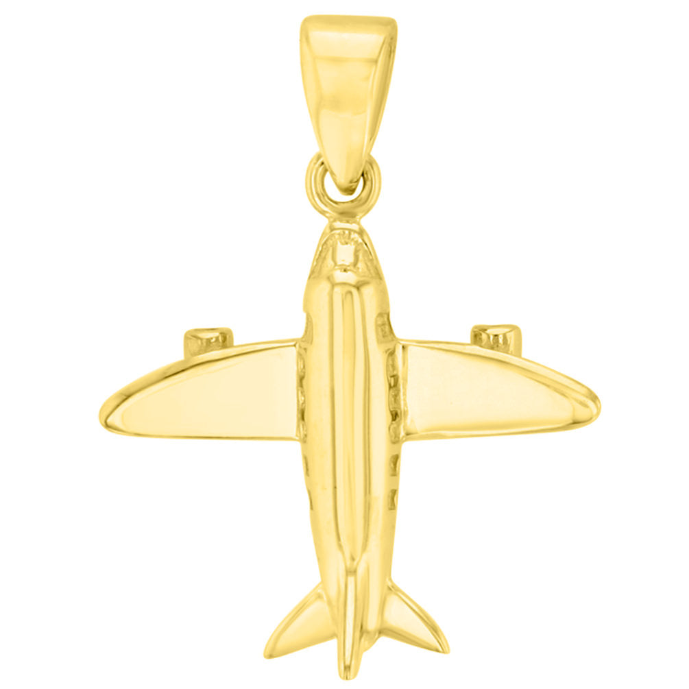 Solid 14K Yellow Gold 3D Airplane Charm Jet Aircraft Pendant