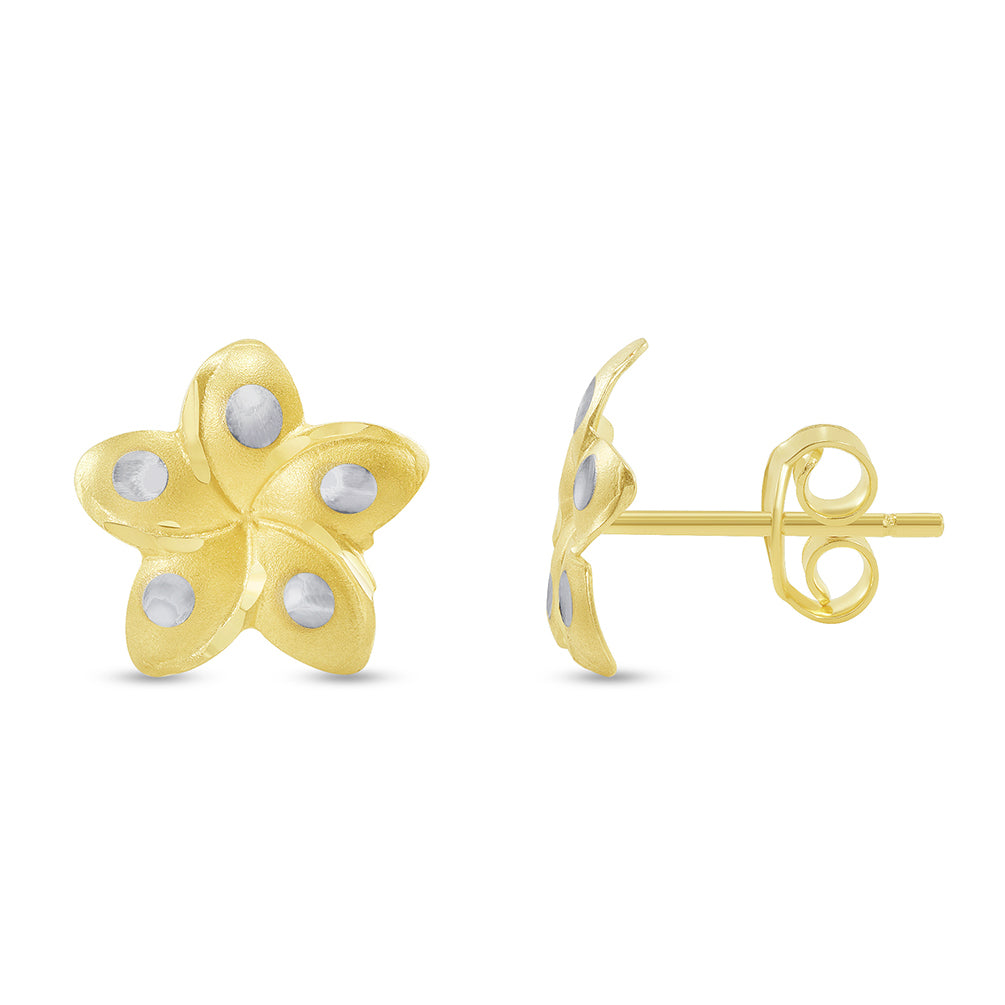 14k Yellow Gold Hawaiian Flower Plumeria Stud Earrings with Screw Back, 10.5mm x 11mm